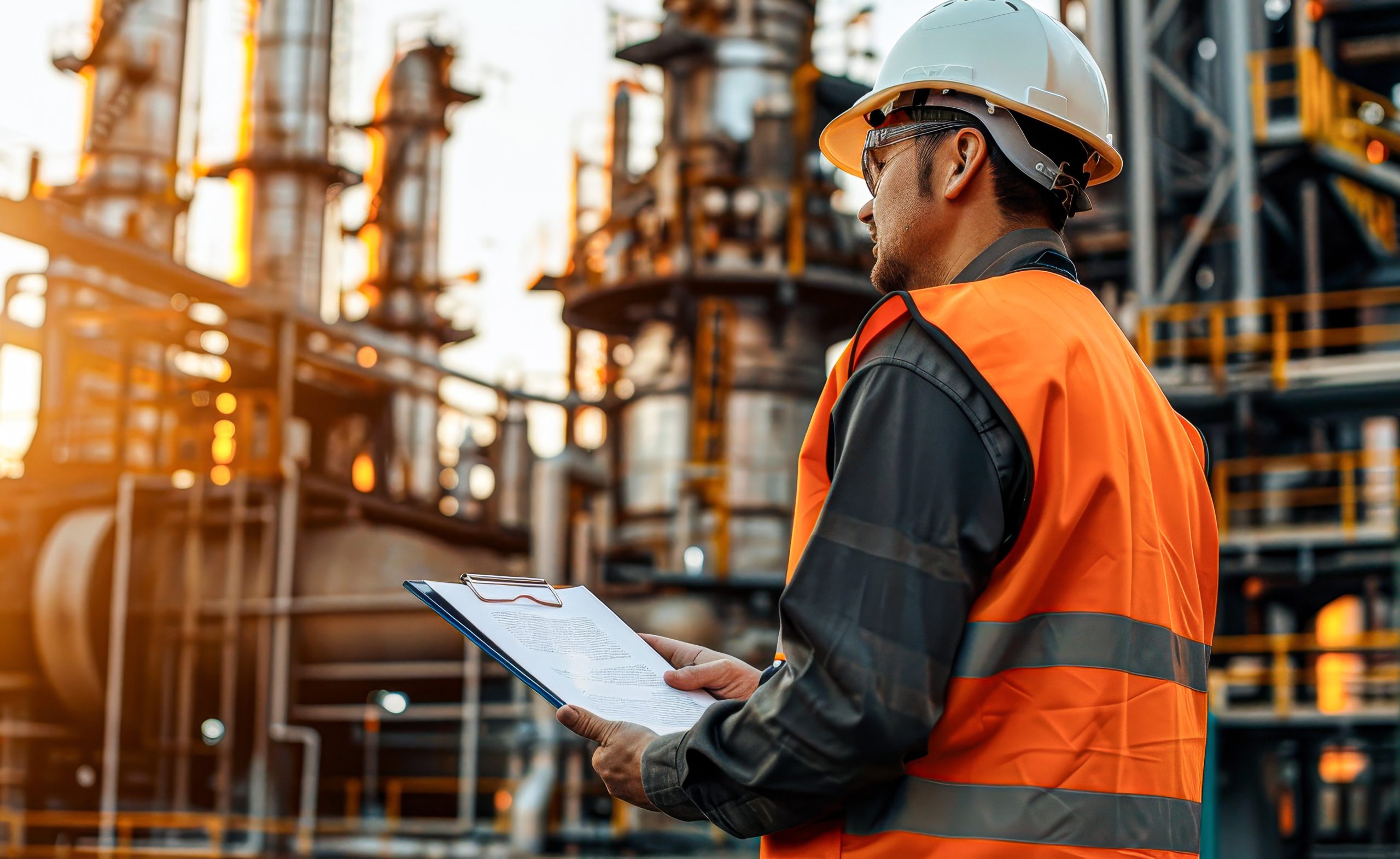 A man in an orange safety vest is standing in front of a large industrial plant. He is holding a clipboard and looking at it. Concept of responsibility and caution